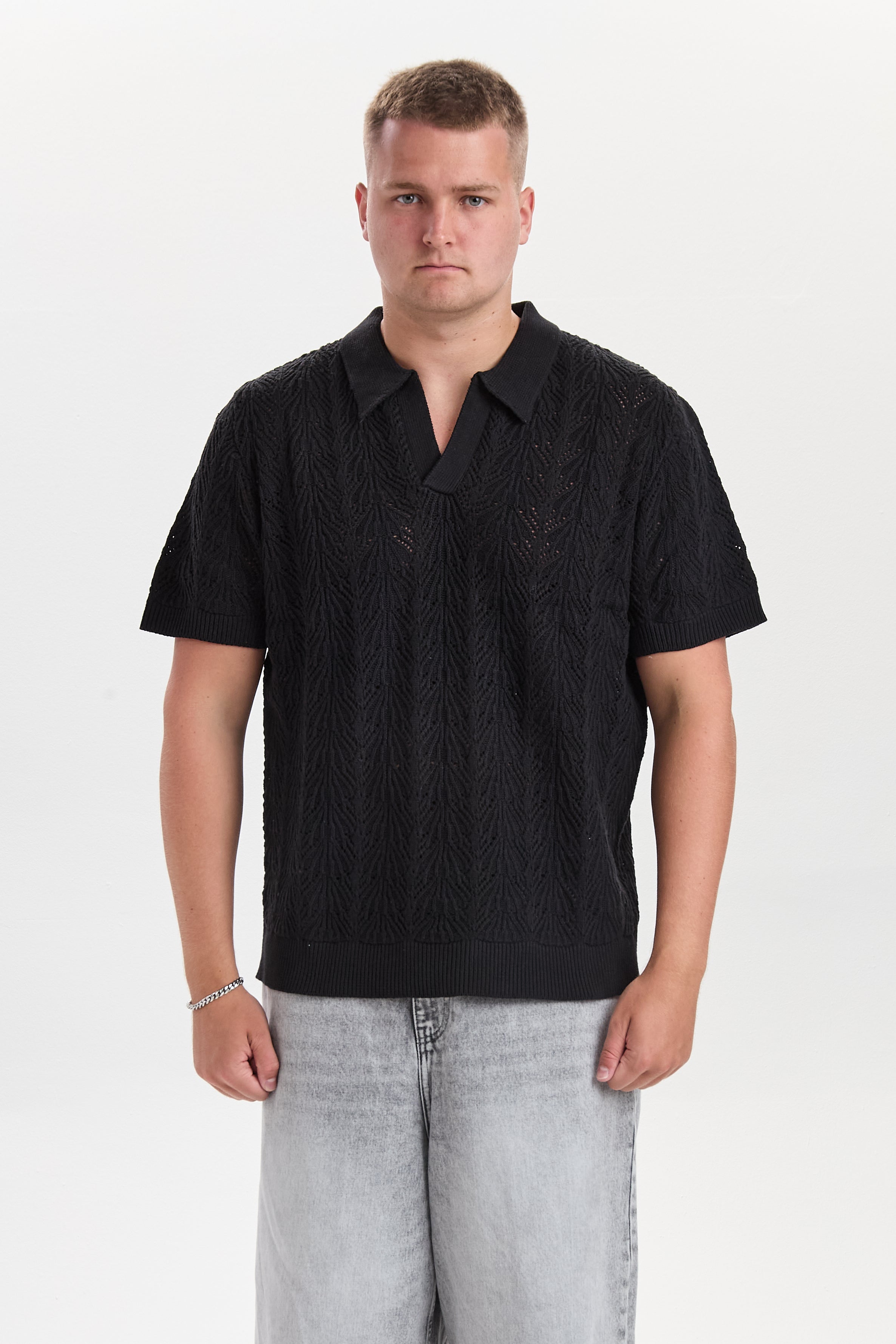 DXFane Black Chrochet Knit Polo